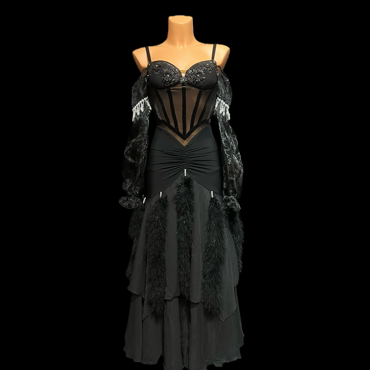 الرقص اللاتيني AB Stone أنثى الكبار الأطفال الراقية خط مخصص الربط تنورة كبيرة سوداء بركة السامبا فستان الأداء