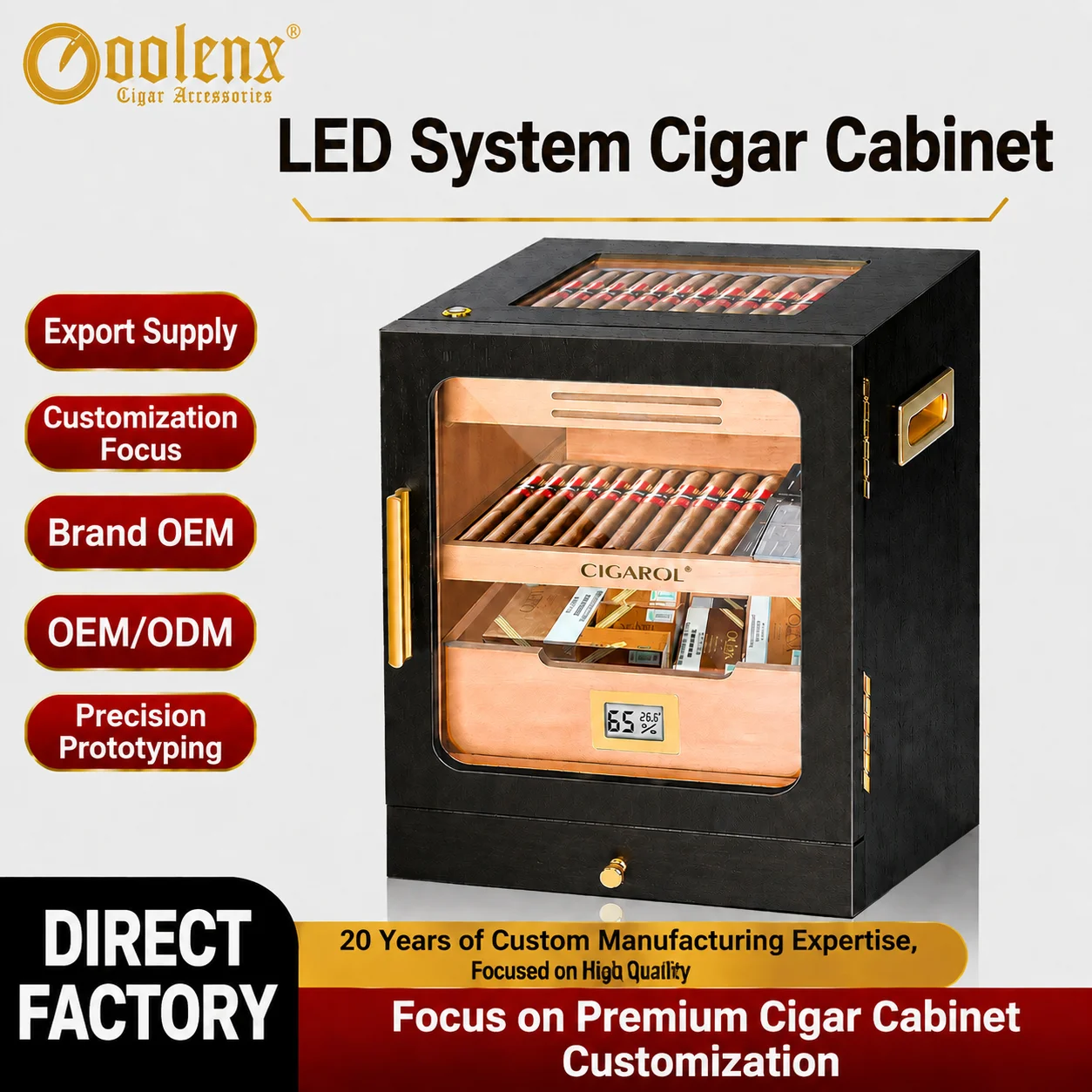 Cedar cigar cabinet, deep black walnut cigar moisturizing cabinet, 4-layer large capacity cigar cabinet with ambient light