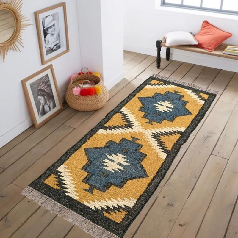 Runner Kilim Rug Jute Wool Oriental Rug Boho Yoga Carpet Hand Woven Area Rug