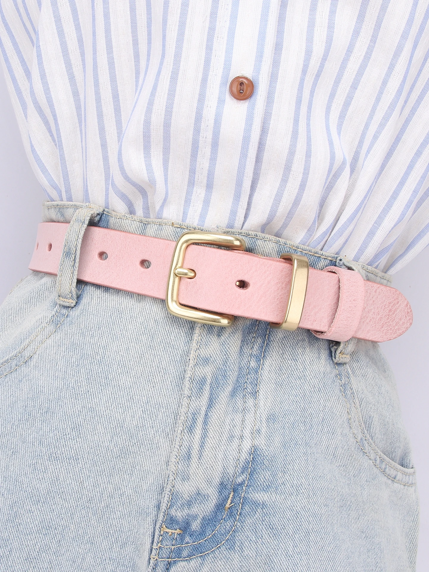 ピンクの革ベルト女性の手作りカジュアル多用途銅バックル牛革ソフトウエストベルトジーンズ用ファッショナブルなアクセサリー