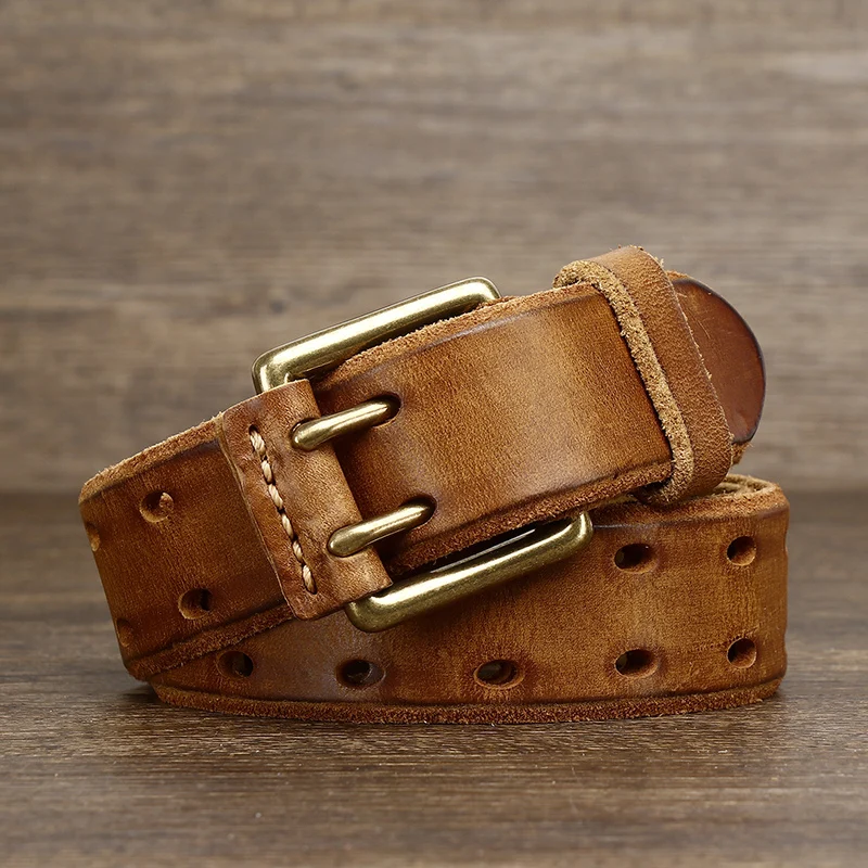 Belt For Men Leather Work Heavy Duty Double Buckles Dlawed Genuine Leather 3.8cm Male Copper Buckle Retro Brown  Men\'s Belt