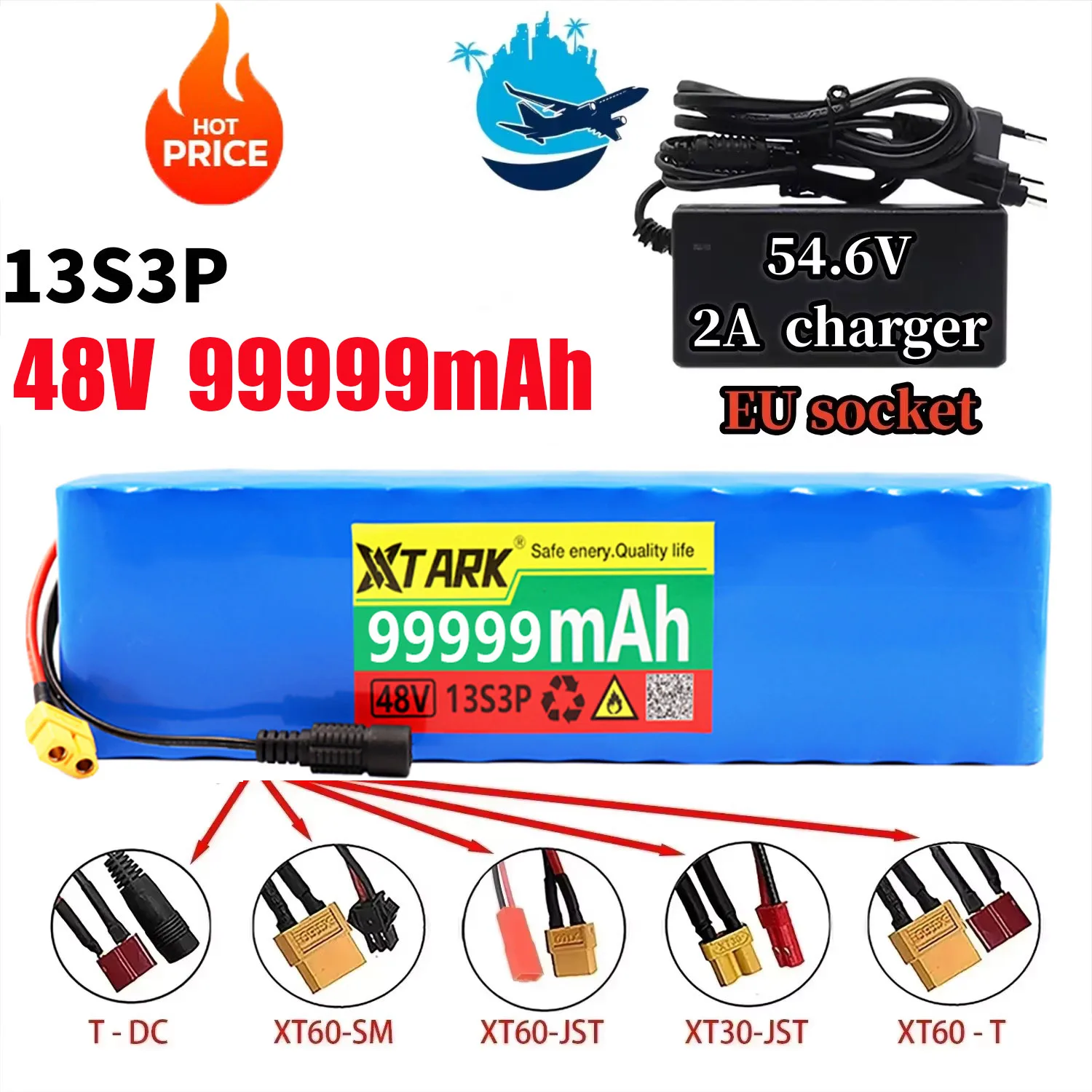 

2025 New 48V 100Ah 2000W 13S3P DC/T Lithium Ion Battery Pack Suitable for 48V motors with BMS+54.6V Charger