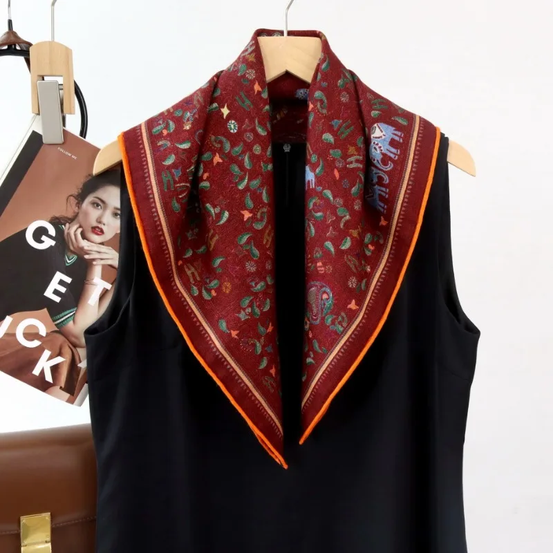 Persian Little Elephant Silk Wool Square Scarf Double Sided Different Color Women Versatile Mulberry Silk Shawl Neck Wrap