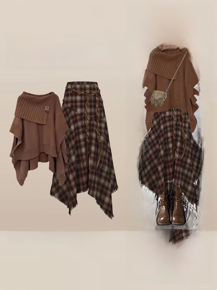 

Осень-зима женский уникальный дизайн асимметричный шило свитер клетчатая юбка комплект из двух предметов моющийся повседневный наряд