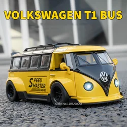 1/32 T1 Bus Toys Car Model Alloy Diecast 5 Door Opened With Sound Light Pull Back Convertible Models Rubber Tires for Boy Gifts