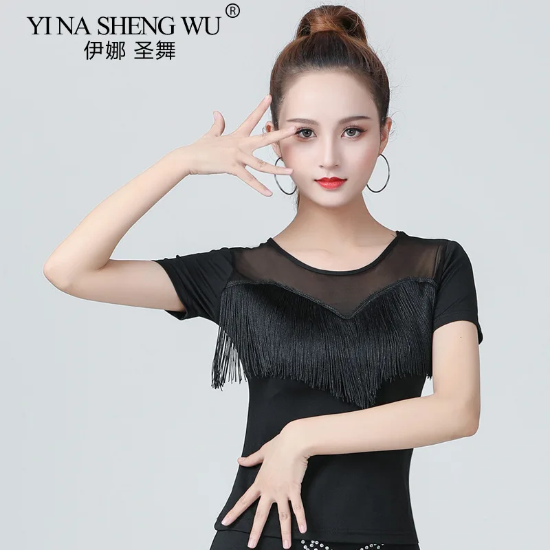 Latin Dance Clothes Adult Female New High-end Short-sleeved Top Irregular Tassel Short Skirt Ballroom Dance Practice Clothing