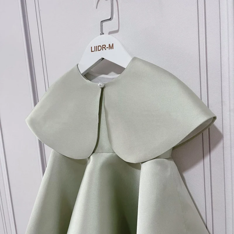 Children's Shawl Small Dress Avocado round Neck Solid Color Flower Girl Wedding Princess Dress Korean Style Baby One Year Old Ce