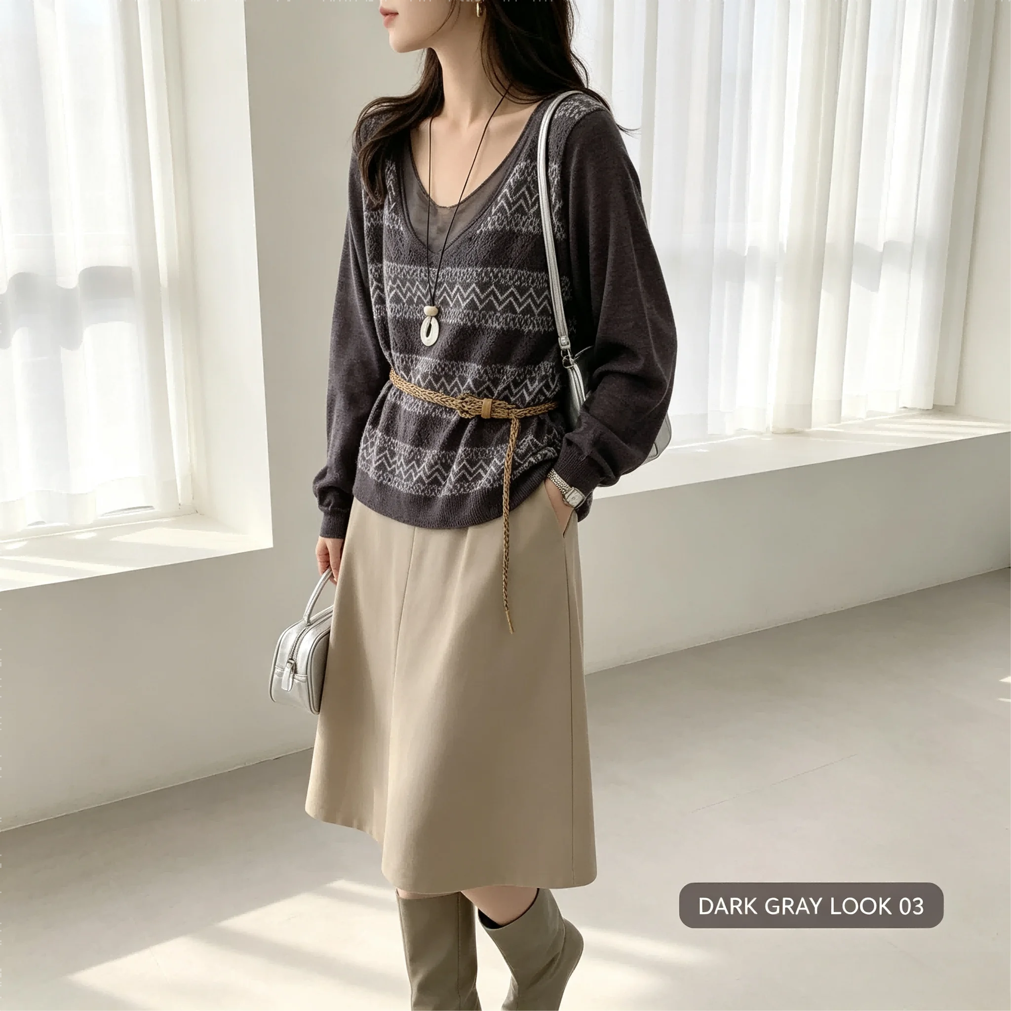 Vintage Jacquard V Neck Women's Long Sleeve Sweater Hollow out Loose Casual Knitted Top for Ladies