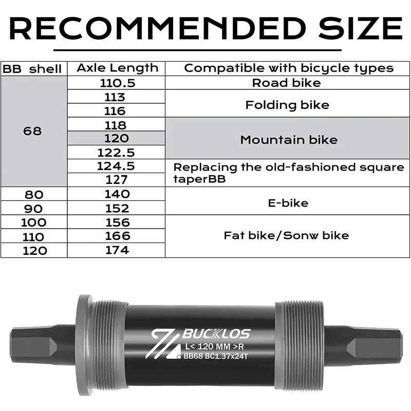 BUCKLOS Bicycle Bottom Bracket Road Mountain Bike Square Crank BB BB68 BB80 BB90 BB100 BB110 BB120 for MTB E-Bike Crankset Part