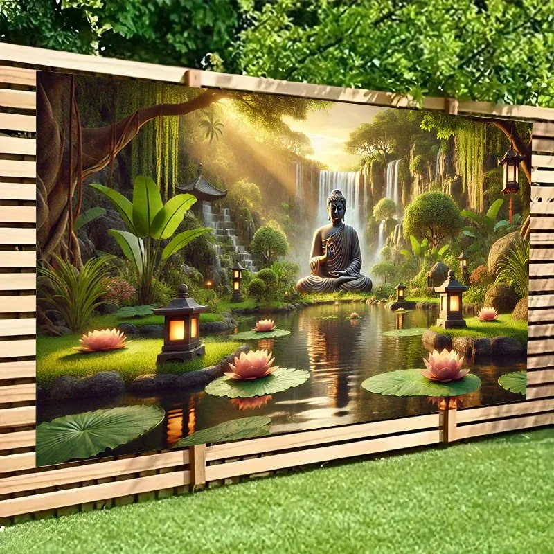 Buddha Garden Waterfall Tapestry Zen Landscape Art Lotus Pond Decor Peaceful Nature Wall Hanging Living Room Print
