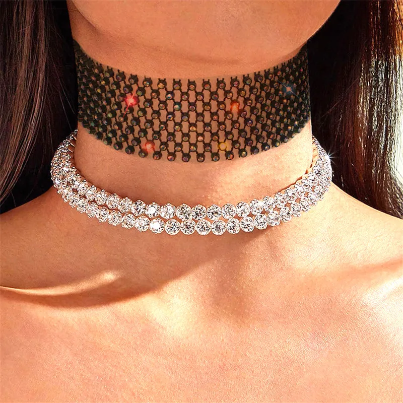 Necklace Shiny Sexy Choker Necklace Women Daily Neck Chain Jewelry Rhinestone Fishnet Hollow Out Trend Y2k Accessories