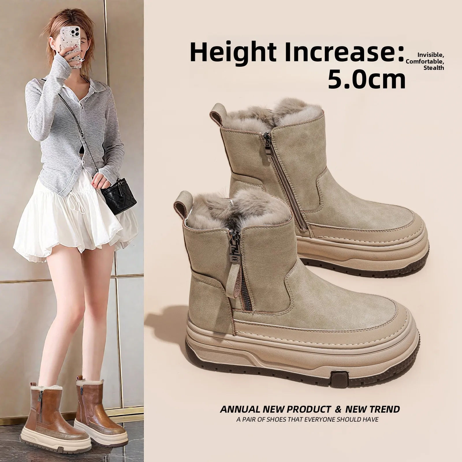 

Women's Winter Snow Boots Fleece Lined Thickened Warm Short Casual Real Fur Booties Korean Style Versatile round Toe Boots