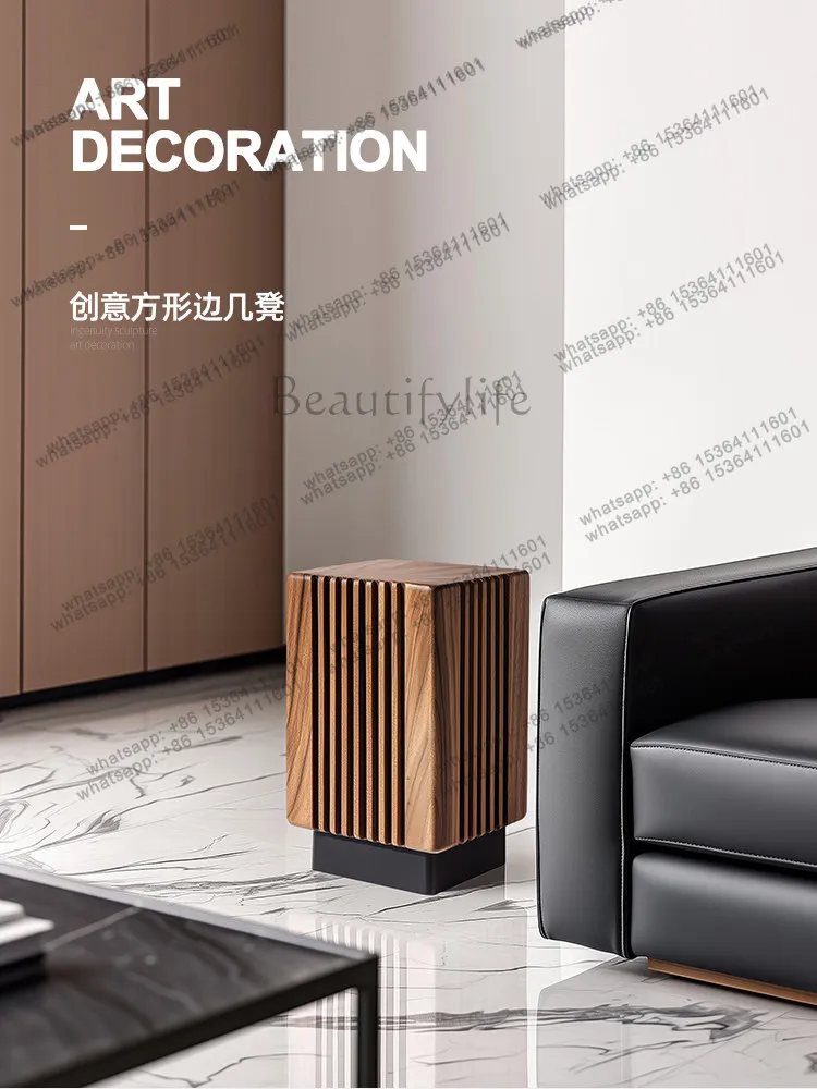 YJ Italian Minimalist High-end Narrow Side Table Striped Solid Wood Stool Sofa Side Desk Alternative Bedside Furniture