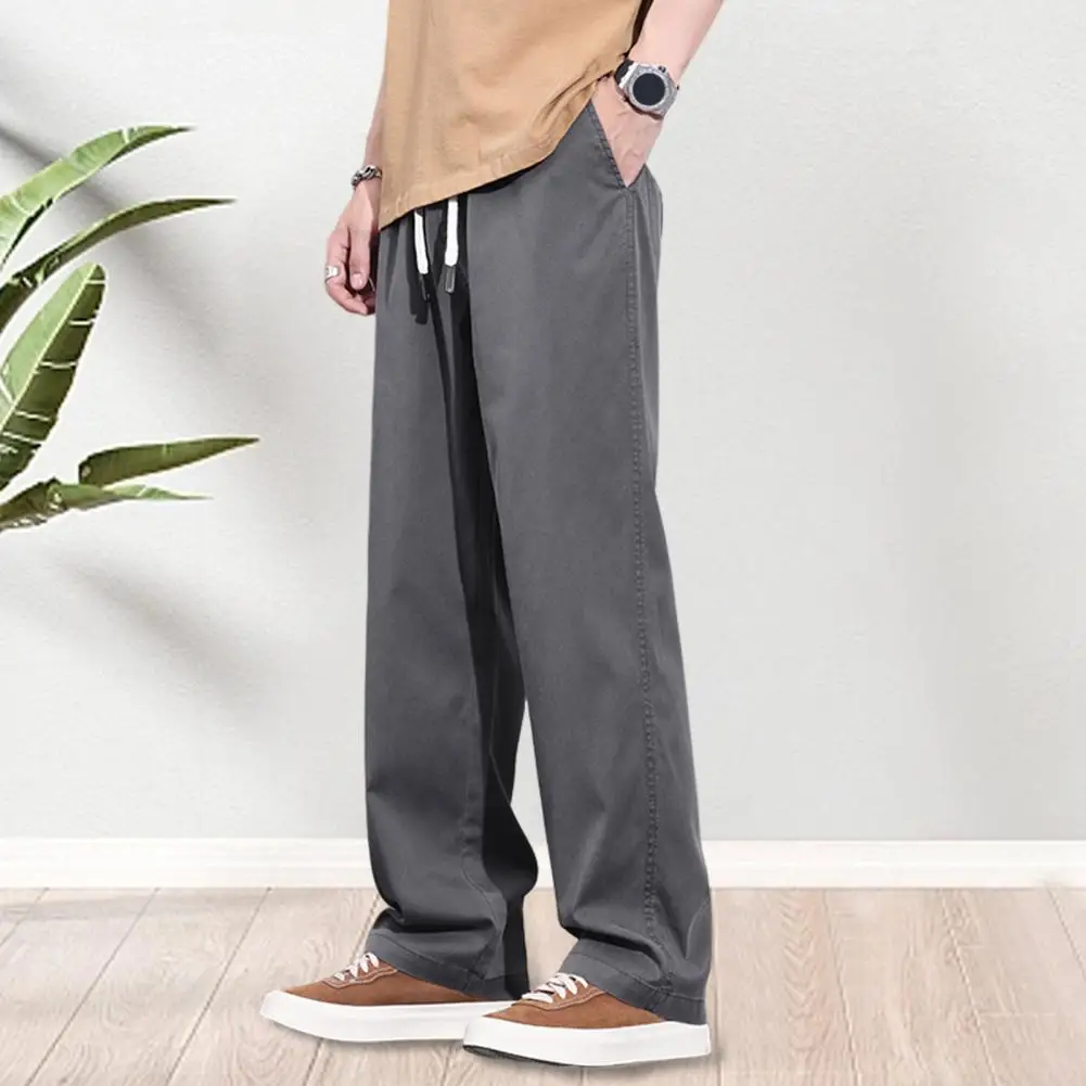 

Men Straight-legged Jeans Ice Silk Casual Trousers Men's Adjustable Drawstring Denim Pants with Pockets Stylish Wide for Summer