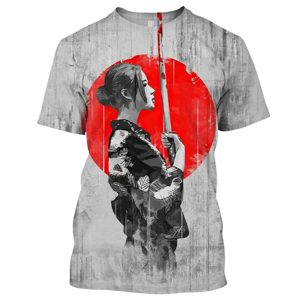 3D printed Japanese geisha short-sleeved T-shirt, plus-size trendy clothing, Harajuku anime round-neck short-sleeved top, summer