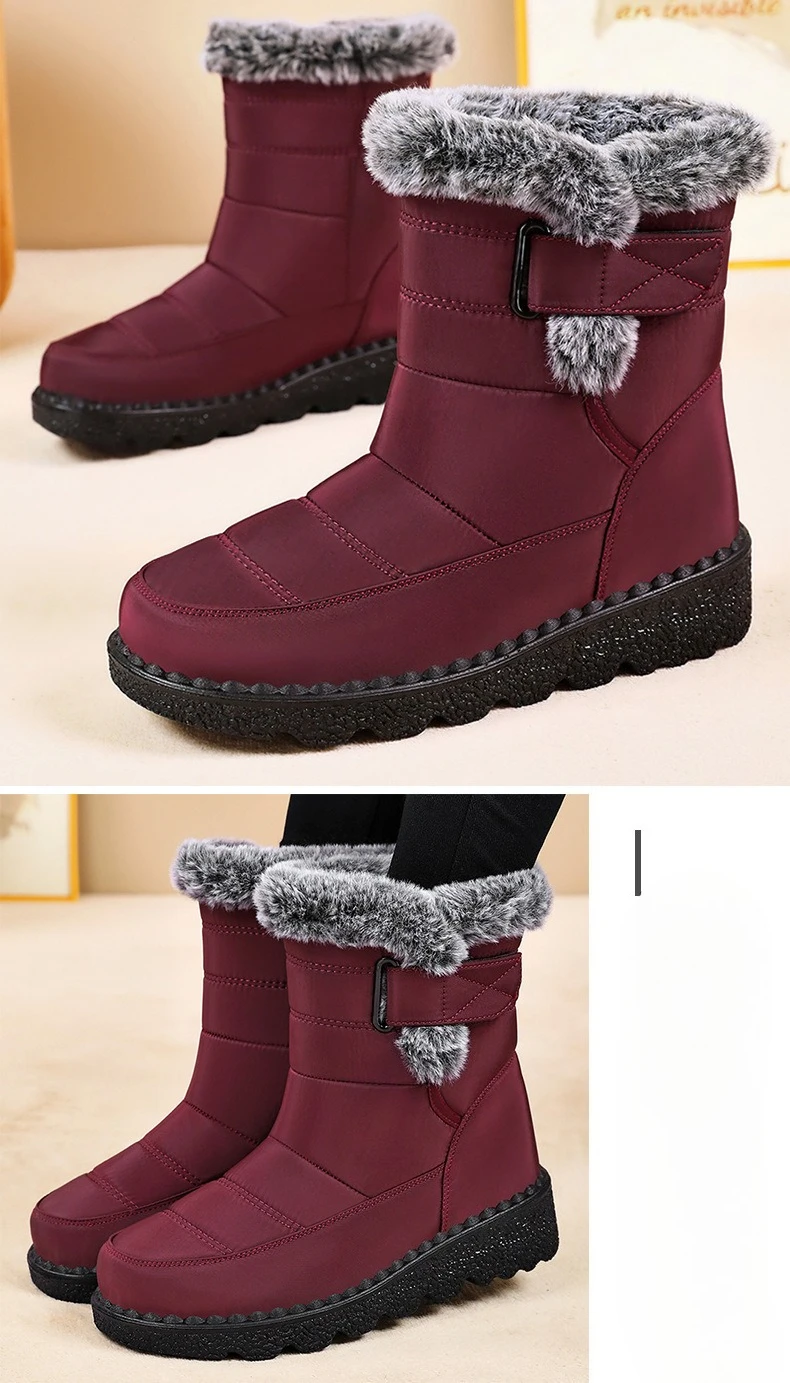 Damen-Schneestiefel bis zur Mitte der Wade, warm, mit Plüschfleece gefüttert, mit Klettverschluss, Pompon-Dekor, rutschfeste dicke Sohle, Winter-Freizeitschuhe für kaltes Wetter. – Detail 14