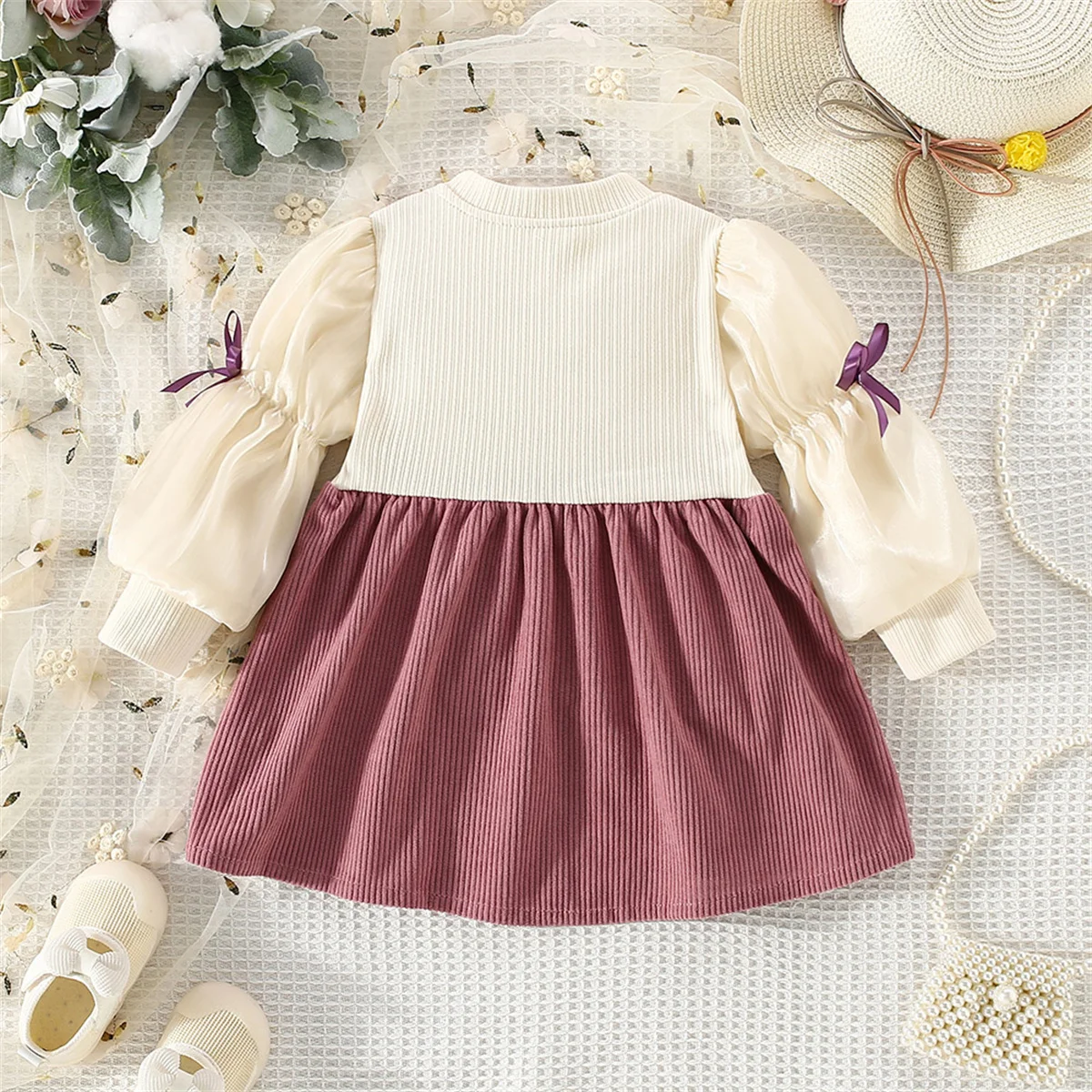 Autumn Baby Girls Long Sleeve Dress Spring Knitted Flower O Collar Fake Two Piece Princess Dresses Toddler Kids Clothes