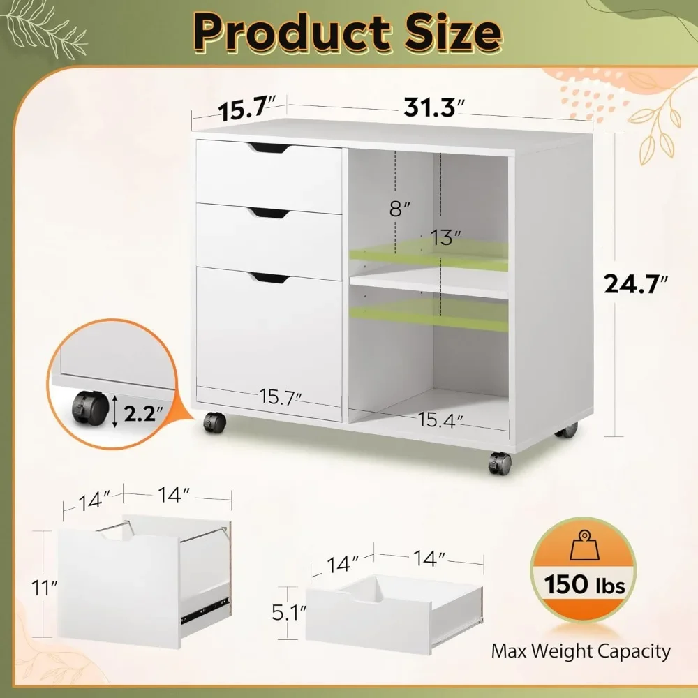 File Cabinet 3-Drawer Wood , Mobile Lateral Filing Cabinet, Printer Stand with Open Storage Shelves, Filing Cabinets