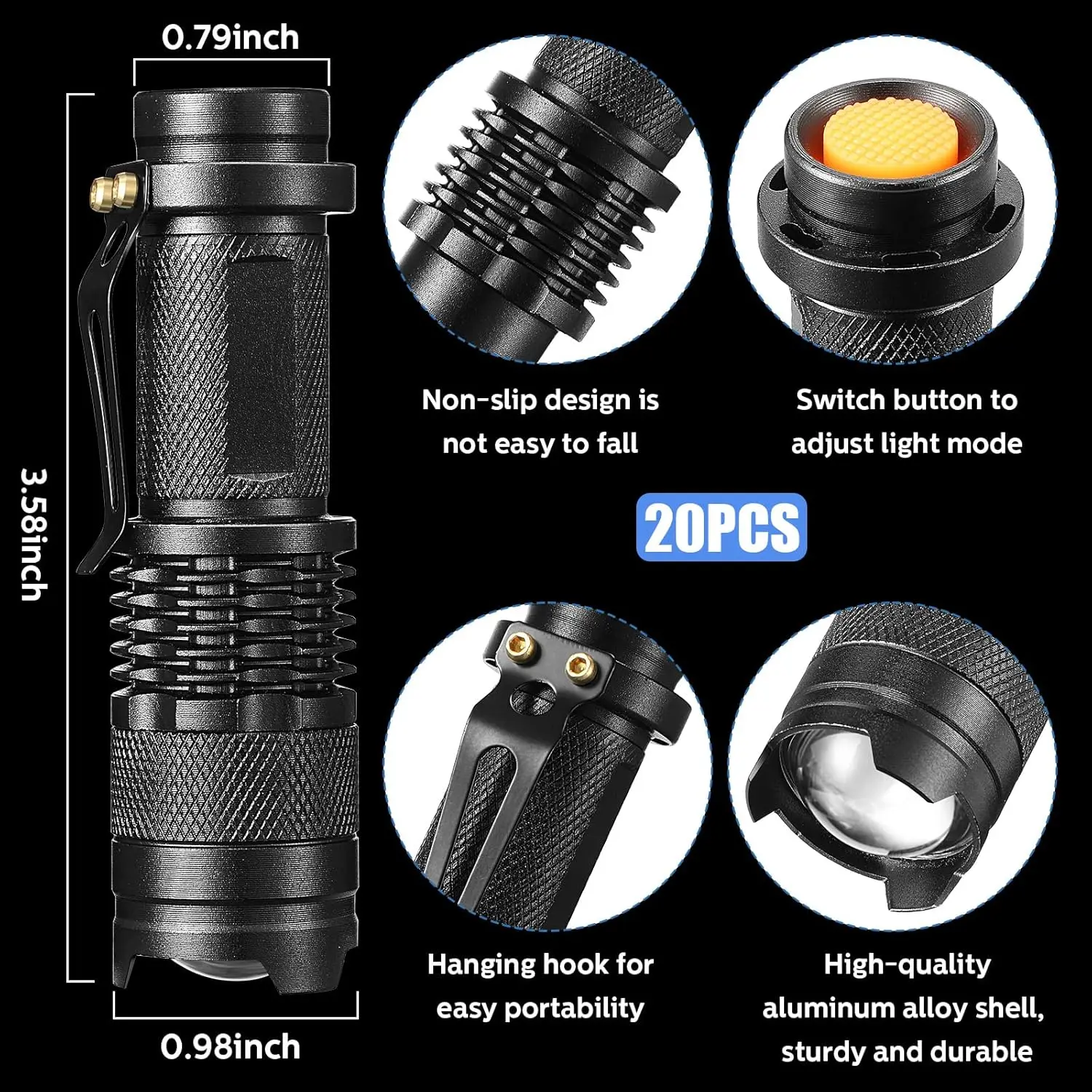 20-Pack Mini LED Flashlight, 3 Modes, Water Resistant, Adjustable Focus for Outdoor & Indoor Use