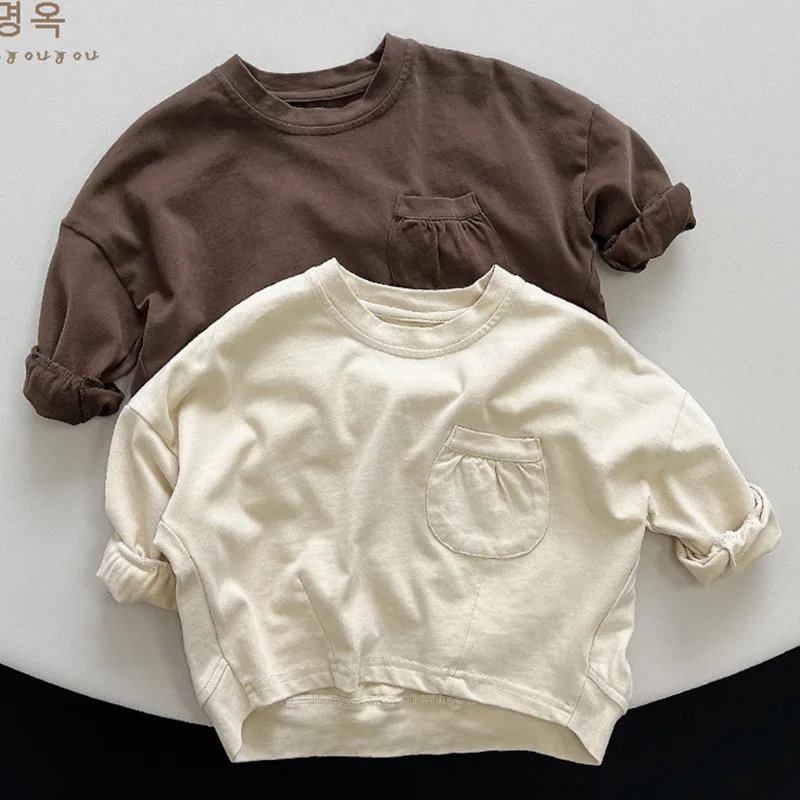 

New Spring Korean Style Solid Color Cotton Long Sleeve T-shirt 1-6Yrs Kids Casual Loose T-shirt Baby Girls Boys Pullover