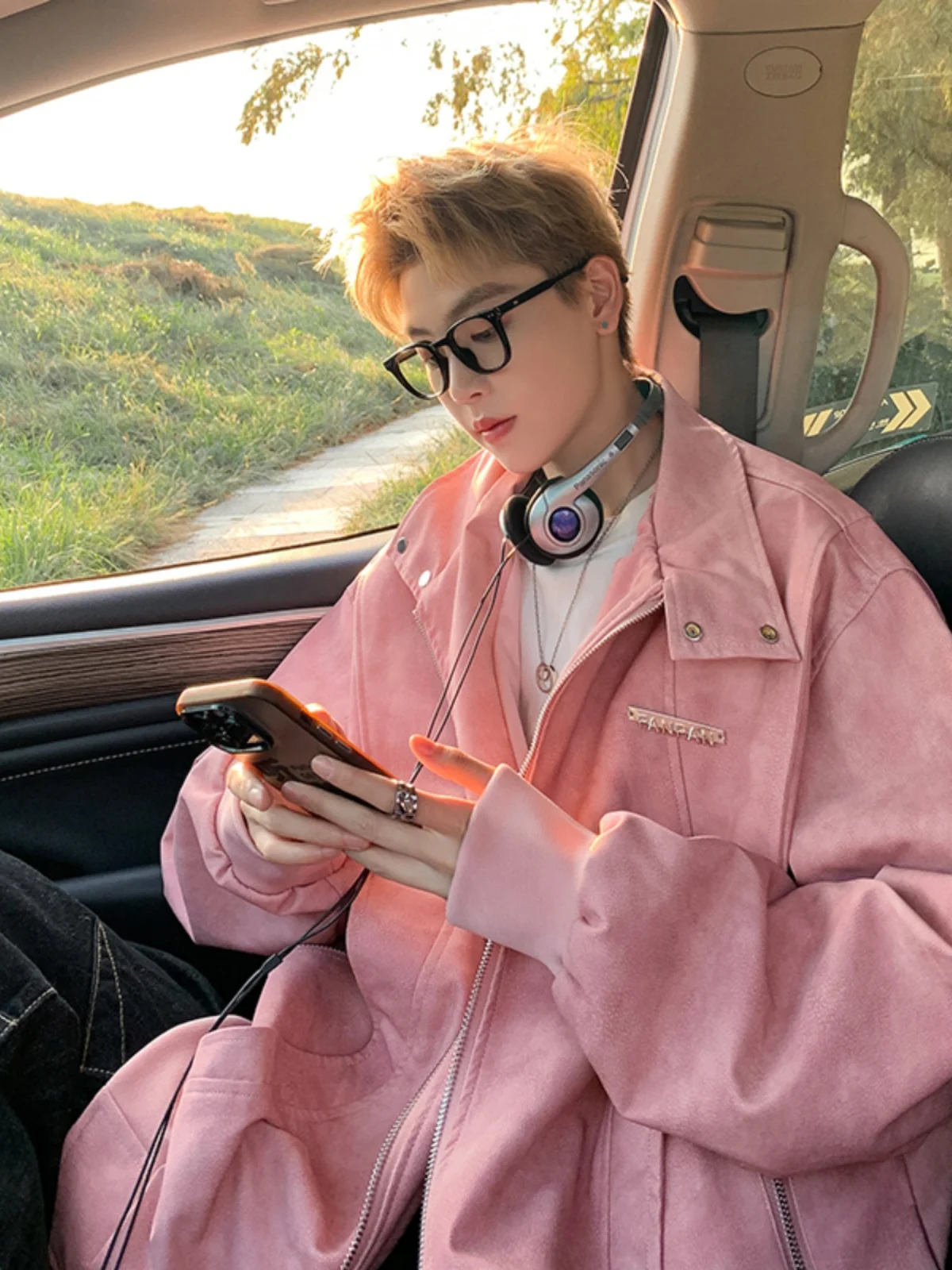 

Pink Vintage PU Leather Jaet Men's Autumn Winter New Sle Double Zipper Trendy Loose Cotton Vest Youth Faion Windproof