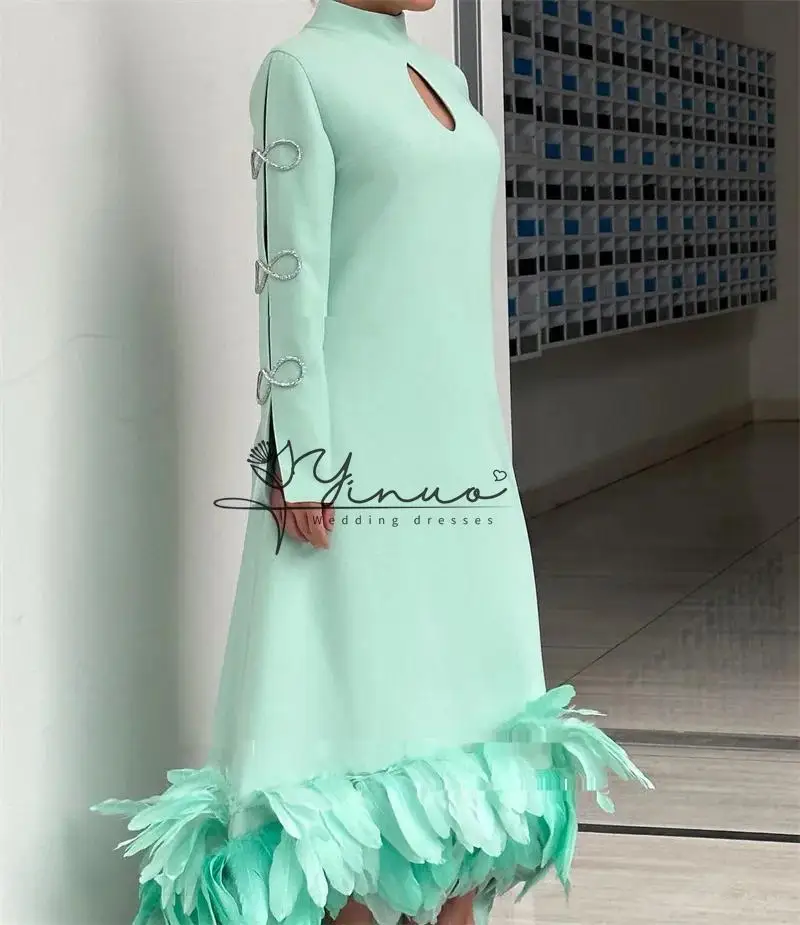 Vestidos de Noche formales de línea A verdes Vintage personalizados, Arabia Saudita, mujeres, mangas largas, cuello alto, plumas, longitud hasta el tobillo, vestido de graduación