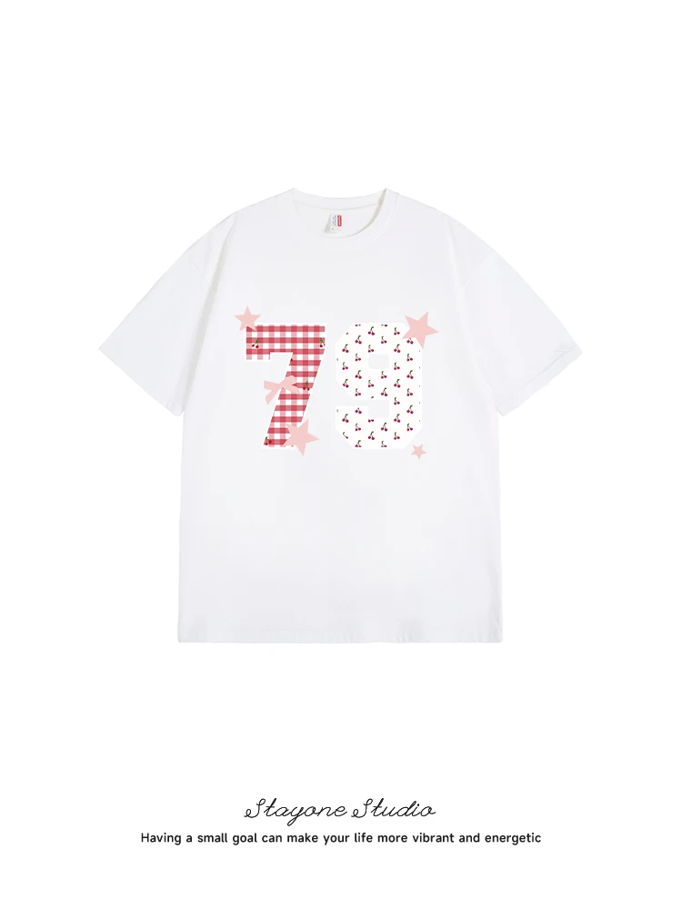 Korean Sle Digital Polka Dot Star Print ort Sve T-irt Women's Summer New College Sle Korean Version Cotton Tee