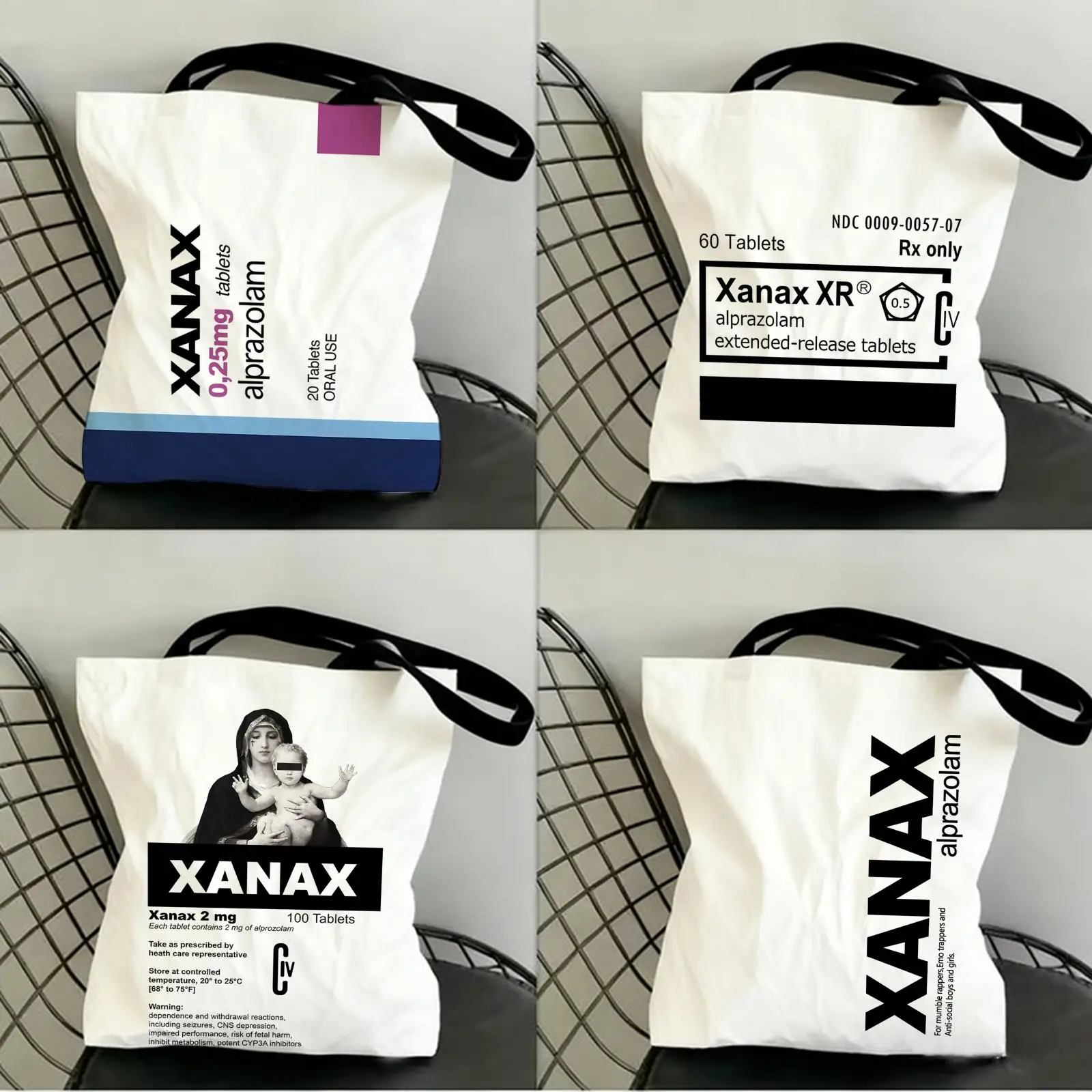 Fahsion C-Chill Pill XANAX Plating Aufbewahrungstaschen aus Segeltuch, doppelseitig bedruckt, modische Schultertasche, Einkaufstasche, Geschenk, Öko-Handtaschen