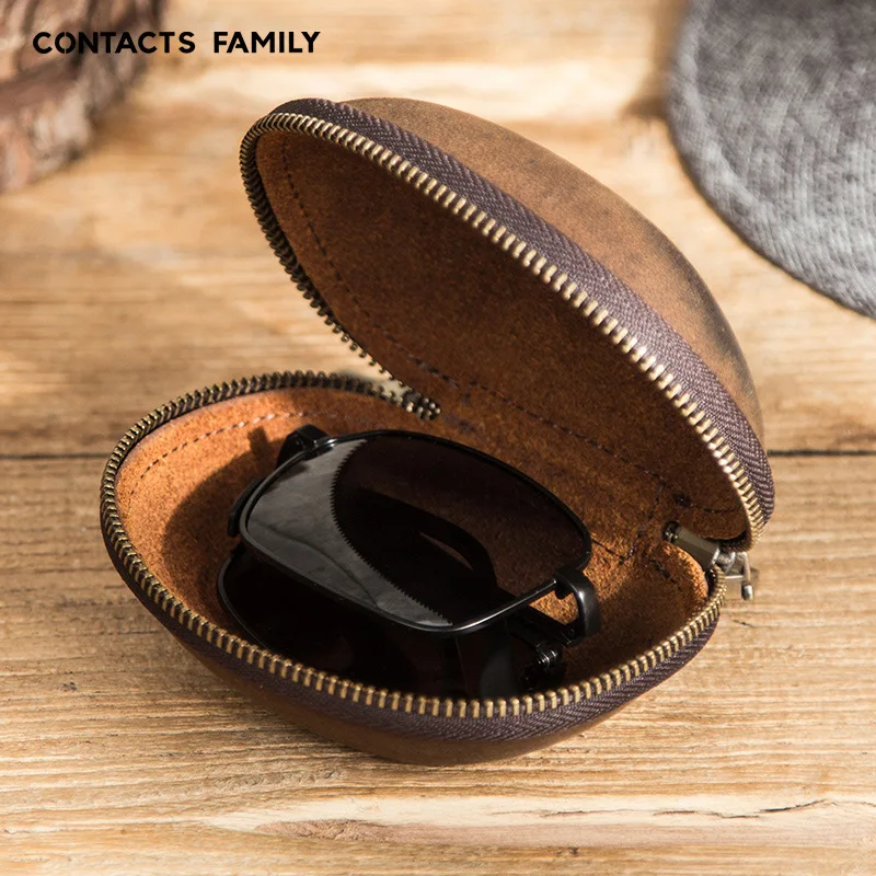 Creative Folding Sunglasses Glasses Case Crazy Horse Leather Hook Zipper Glasses Storage Box