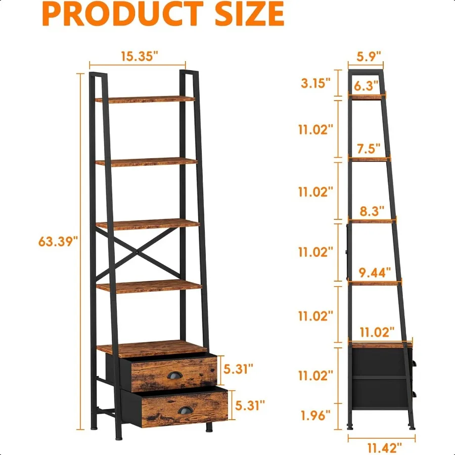 5Tier Ladder Shelf with 2 DrawersNarrow Bookshelf Storage Shees Industrial Bookcase Freestanding Rack Units for Bedroom Living