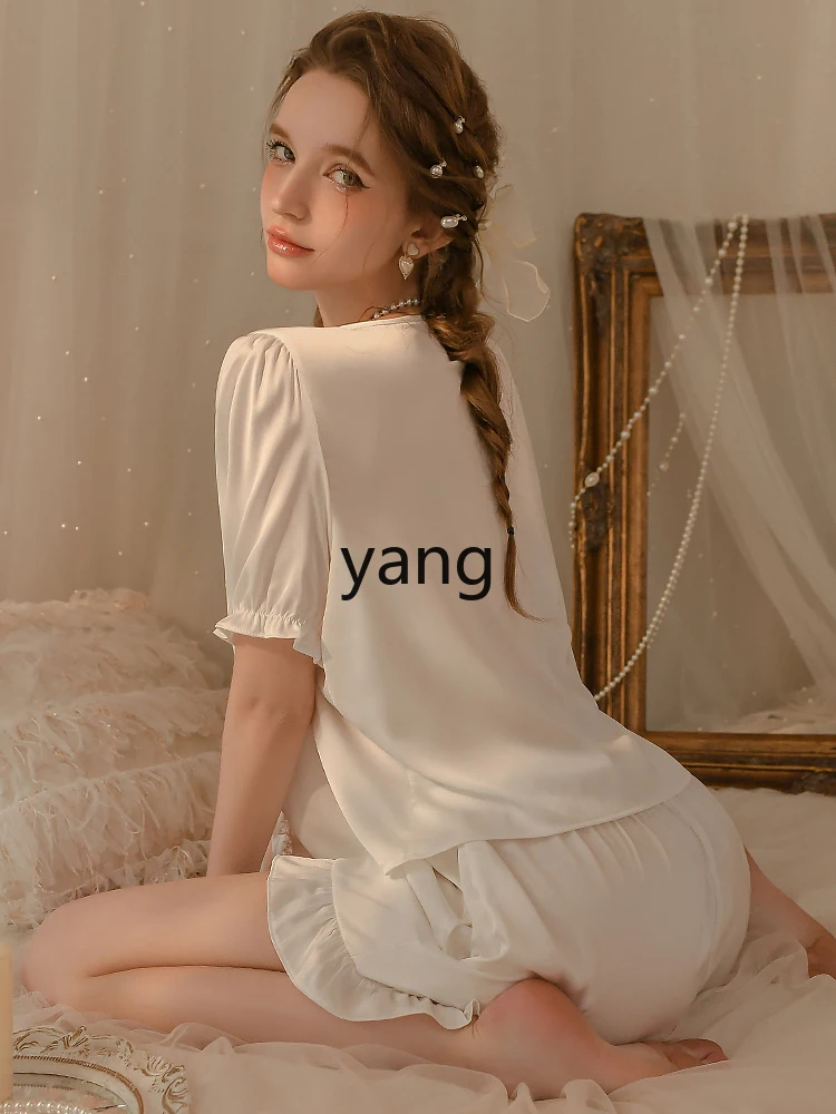 LMM summer thin loungewear set ice silk short-sleeved pajamas two-piece set