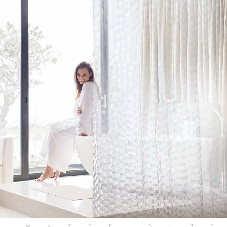 PEVA Shower Curtain Set With Hooks Water Cube Pebble Transparent Waterproof Bathroom Bath Curtains Liner
