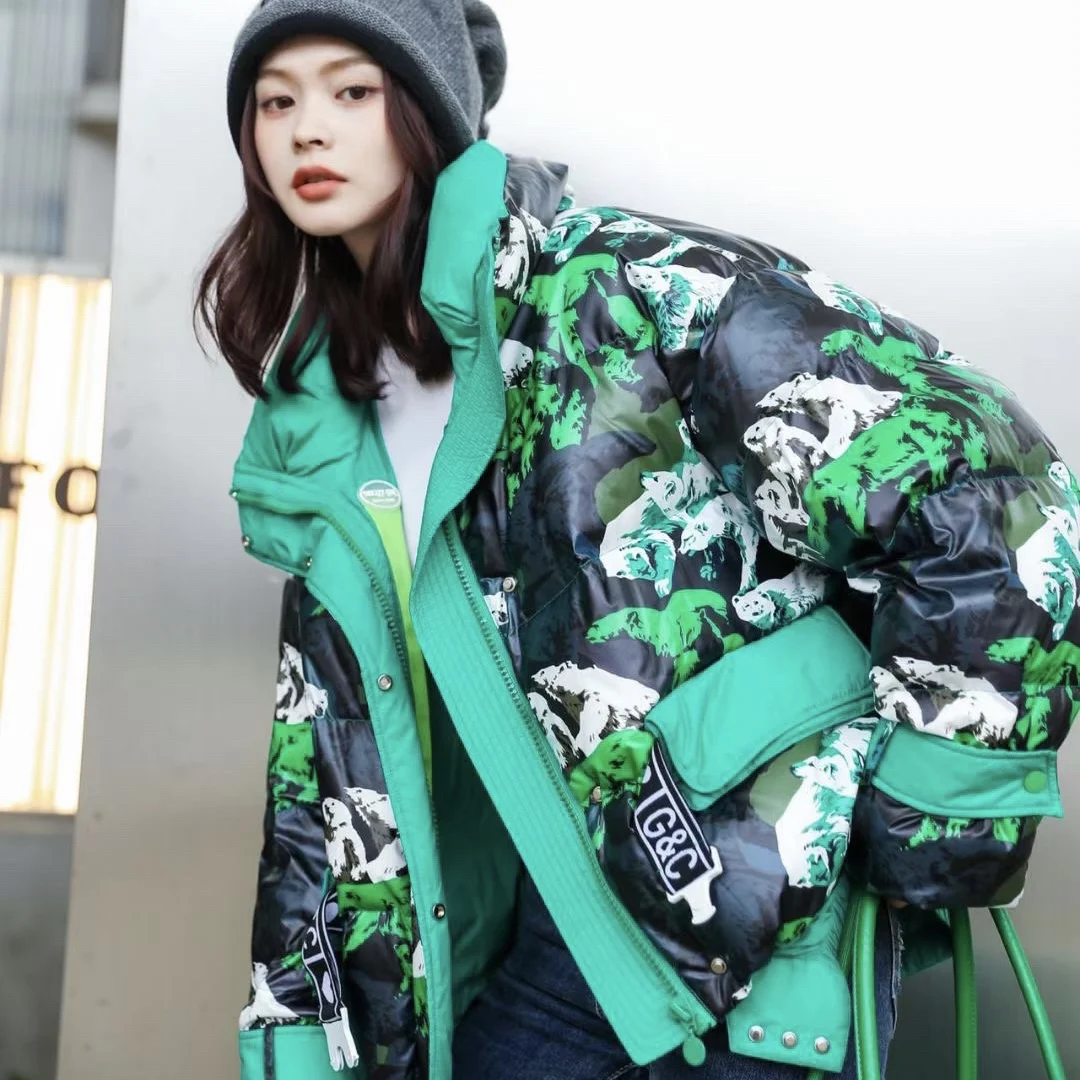 2023 Winter New Arrival Brand Color Block Down Jacket Women Stand Collar Printed Fashion White Duck Down Thick Warm Outerwear