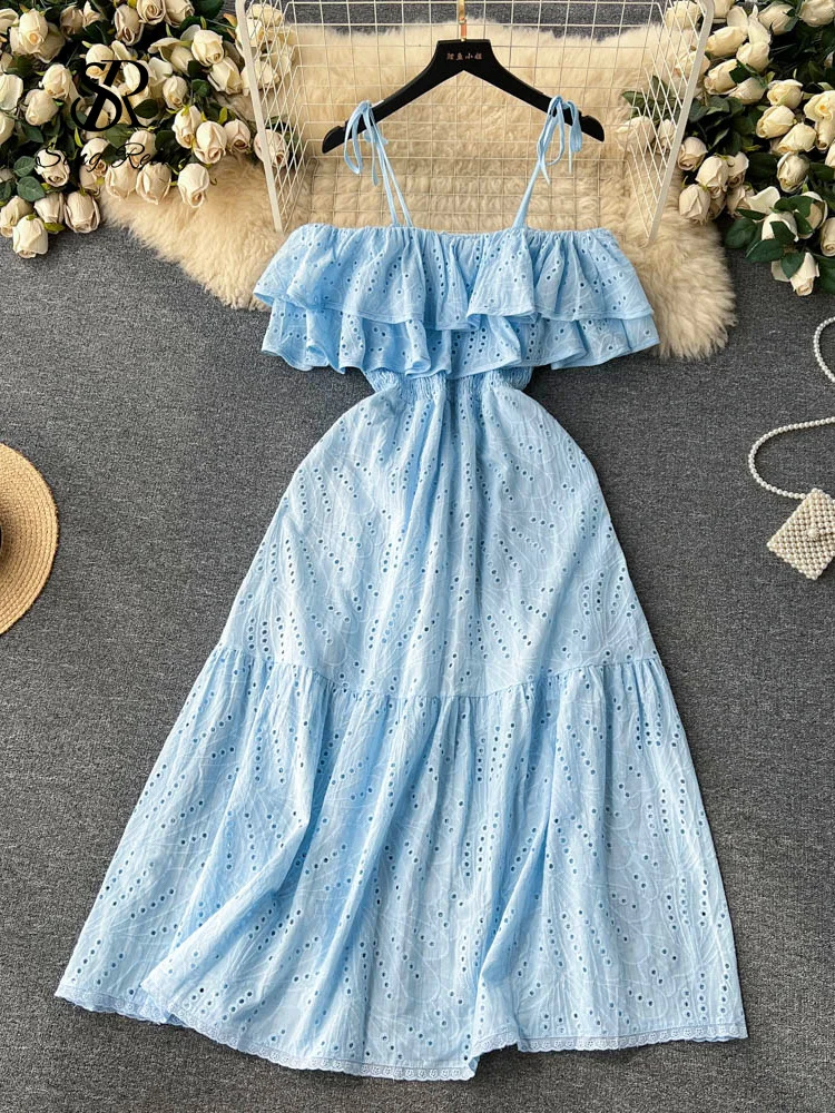 SINGREINY High Street Cotton Embroidery Long Dress Women Hollow Out Backless Beach Sundress Fashion Off the Shoulder Sexy Dress