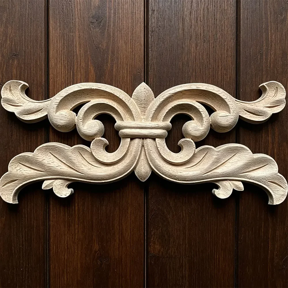 20-35cm Onlay Wood Mouldings Applique Wood Decal Carved Unpainted Modern Long Large Leaves Flower Rubber Wood Corner Furniture
