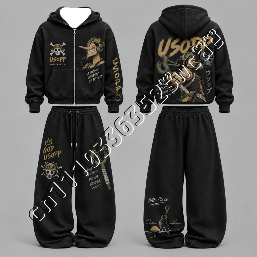 26/27 Neues One Piece Luffy & Zoro Zip-Up Hoodie-Set, Herbst-Winter, trendiges Unisex-Street-Fashion-2-Teiler-Outfit, passend für die ganze Familie – Detail 9