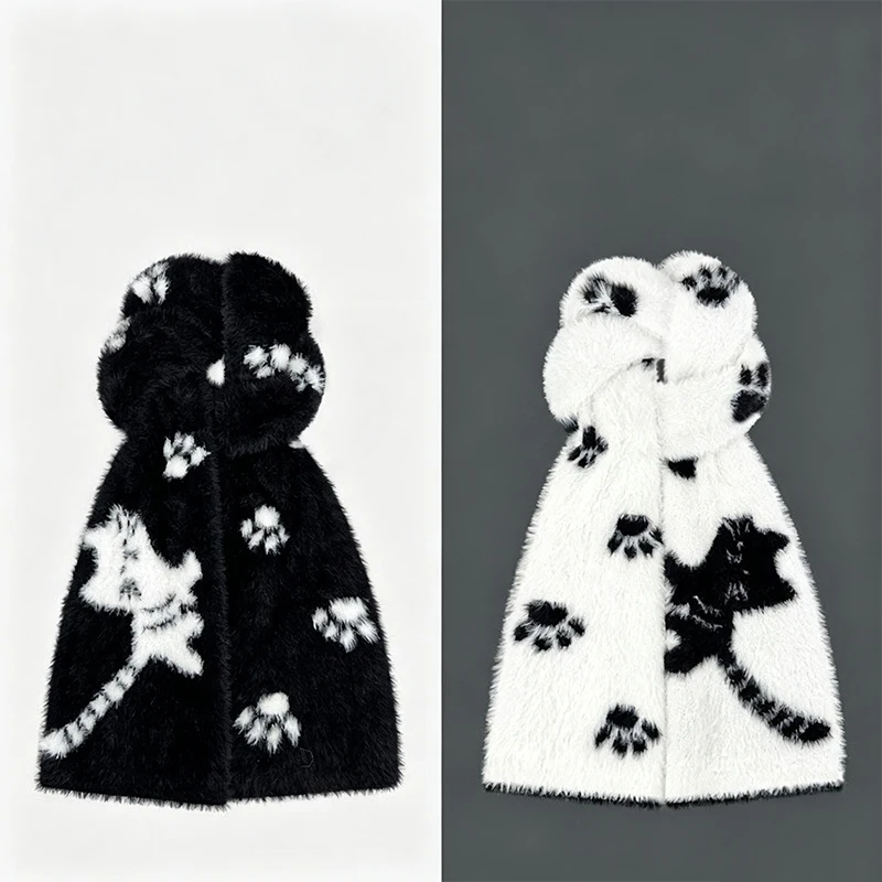 Women Double‑Sided  Cat Paw Print Fuzzy Plush Scarf Soft Thick Warm Cute Cartoon Animal Neck Warmer Girls Winter Daily Gift
