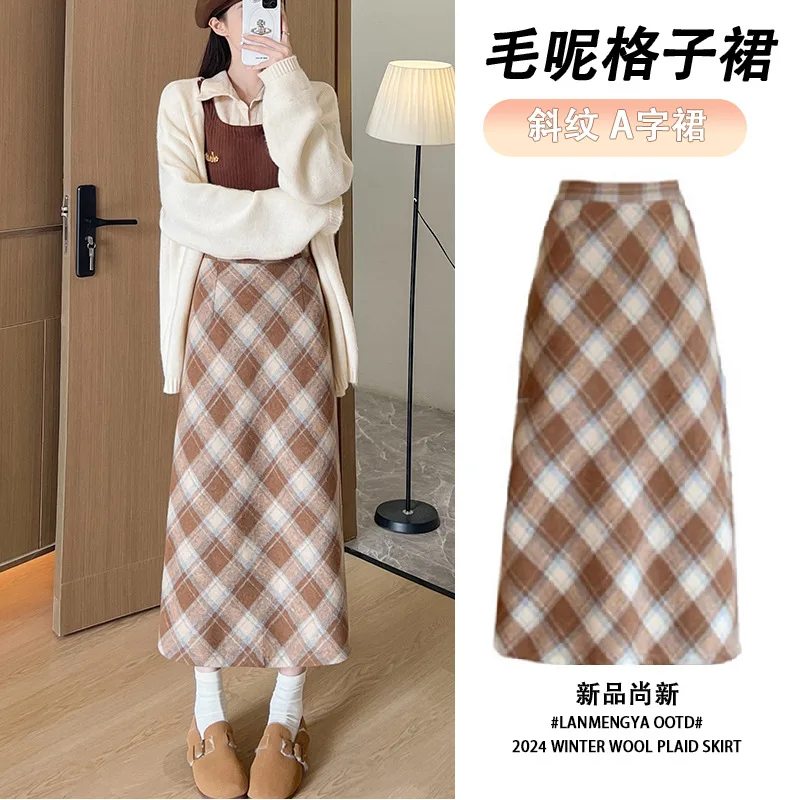 

Deeptown Preppy Style Plaid Skirt Vintage Women Wool Fashion Long Skirts Retro Casual Autumn Winter Midi Skirt Slim Up A-line