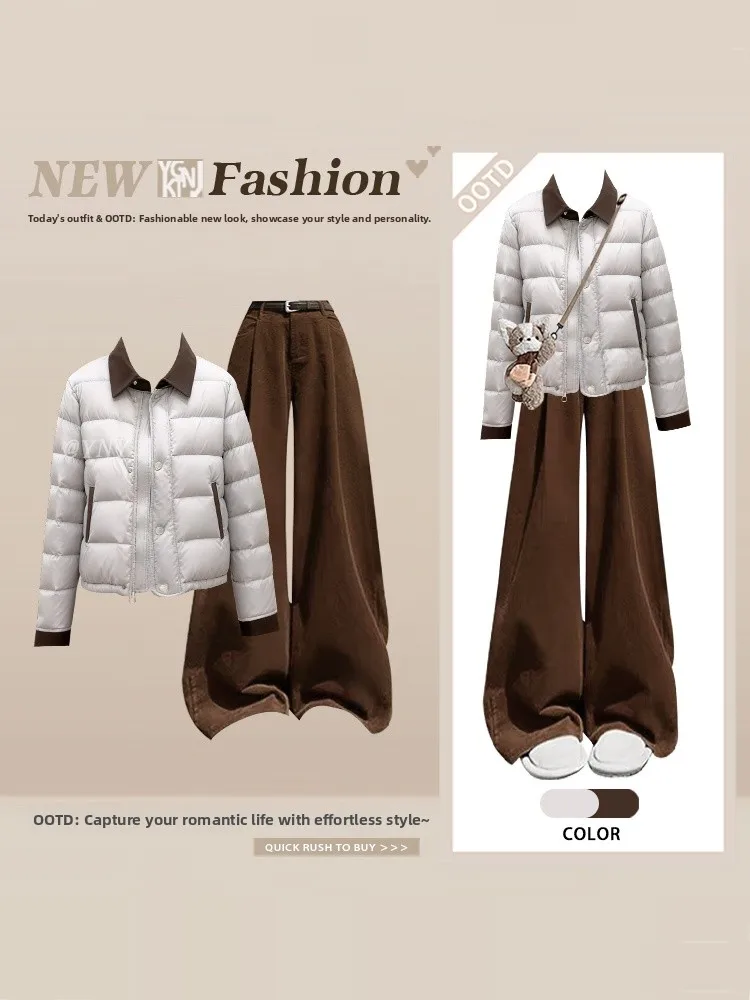 

Осенне-зимний корейский комплект: мягкая хлопковая куртка с дизайнерскими вставками и узкие брюки с широкими штанинами, женский модный ансамбль из двух предметов