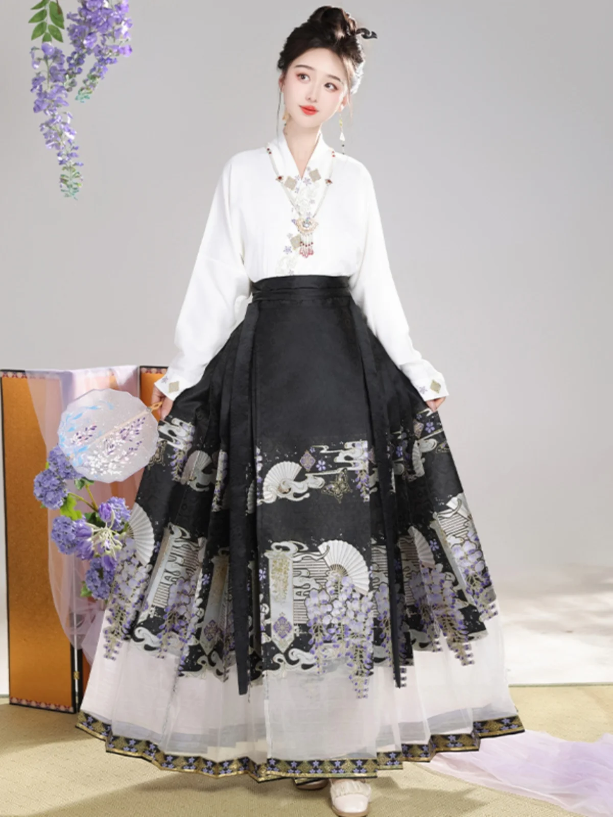 طقم تنورة هانفو الأصلي للنساء باللون الأرجواني بنمط الشرق، تنورة نصفية للخريف والشتاء، تصميم للبالغين، مصنوع من ألياف البوليس...