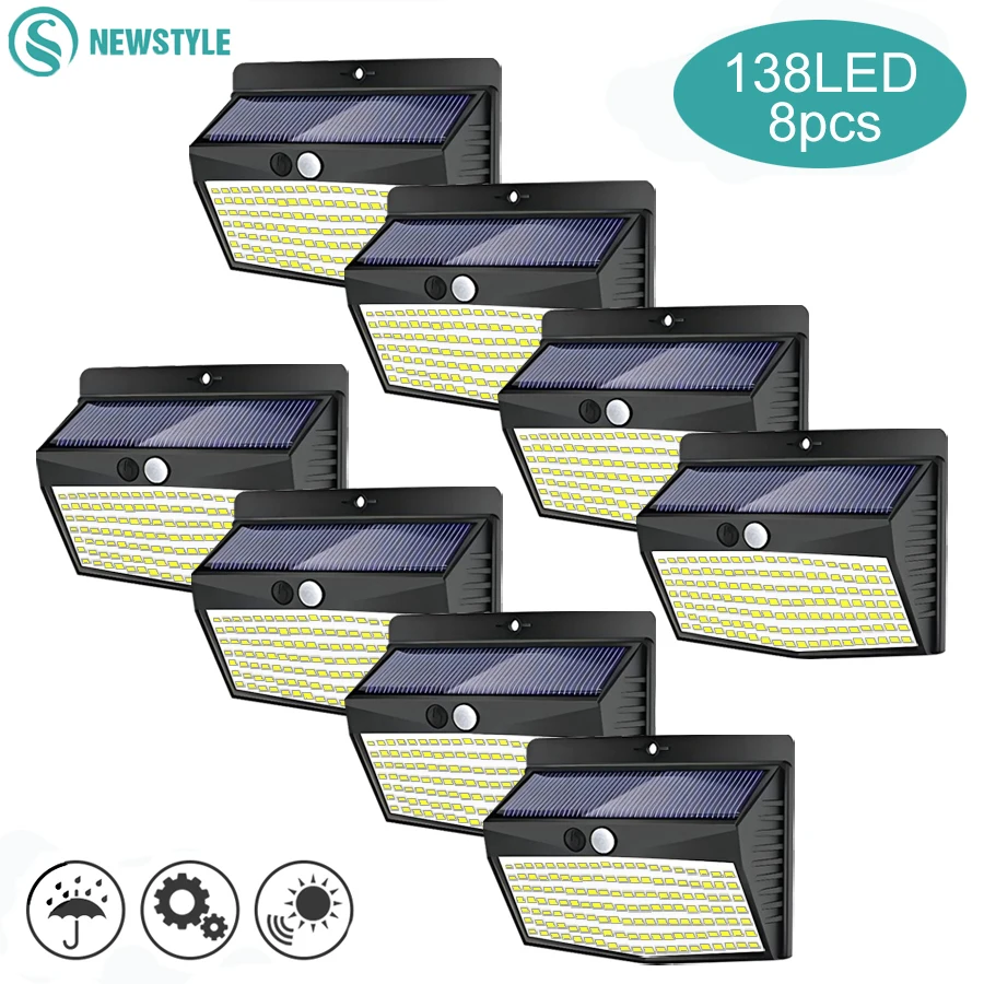 Solar Lights Outdoor 138 LED Solar Wall Lamp Waterproof Wireless Motion Sensor Security 3 Modes Garden Fence Yard Deck Garage