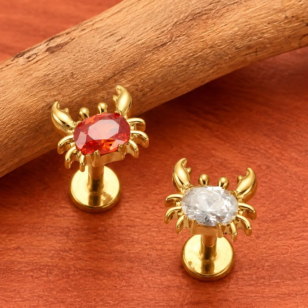ASTM F136 Titan CZ Spinnenkrebse-Ohrring mit flacher Rückseite, Labret-Piercing-Ohrstecker für Helix, Knorpel, Tragus, Ohr- und Körperschmuck – Detail 6