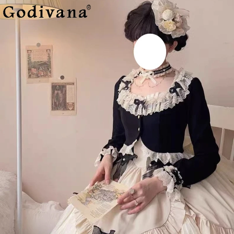 

Lolita Elegant Short Cardigan for Women Soft Cute Retro Lace Ruffled Edge Coat Female Long Sleeve Versatile Short Cardigan