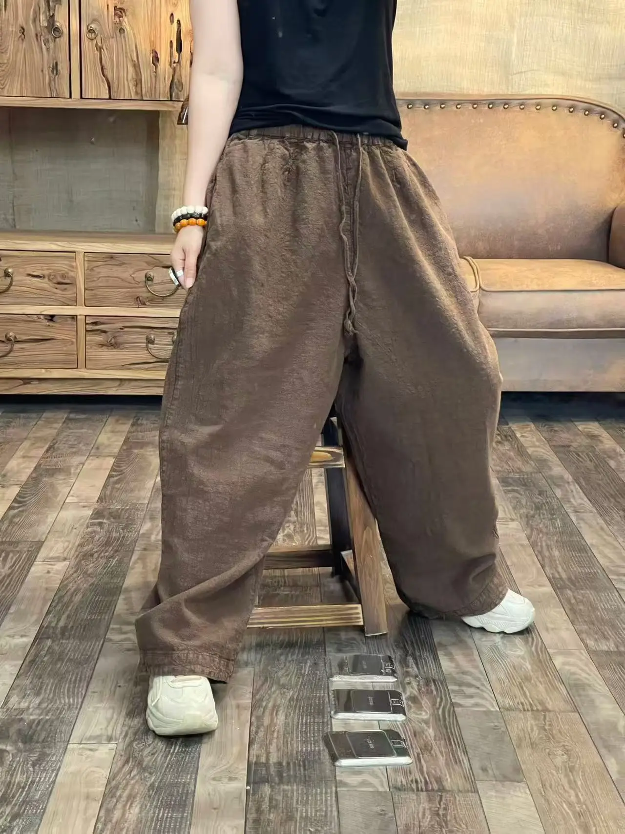 

Высококачественные текстурированные льняные брюки-дуди с двойным слоем, свободного кроя, прямые, без эластичного пояса, женские, модные