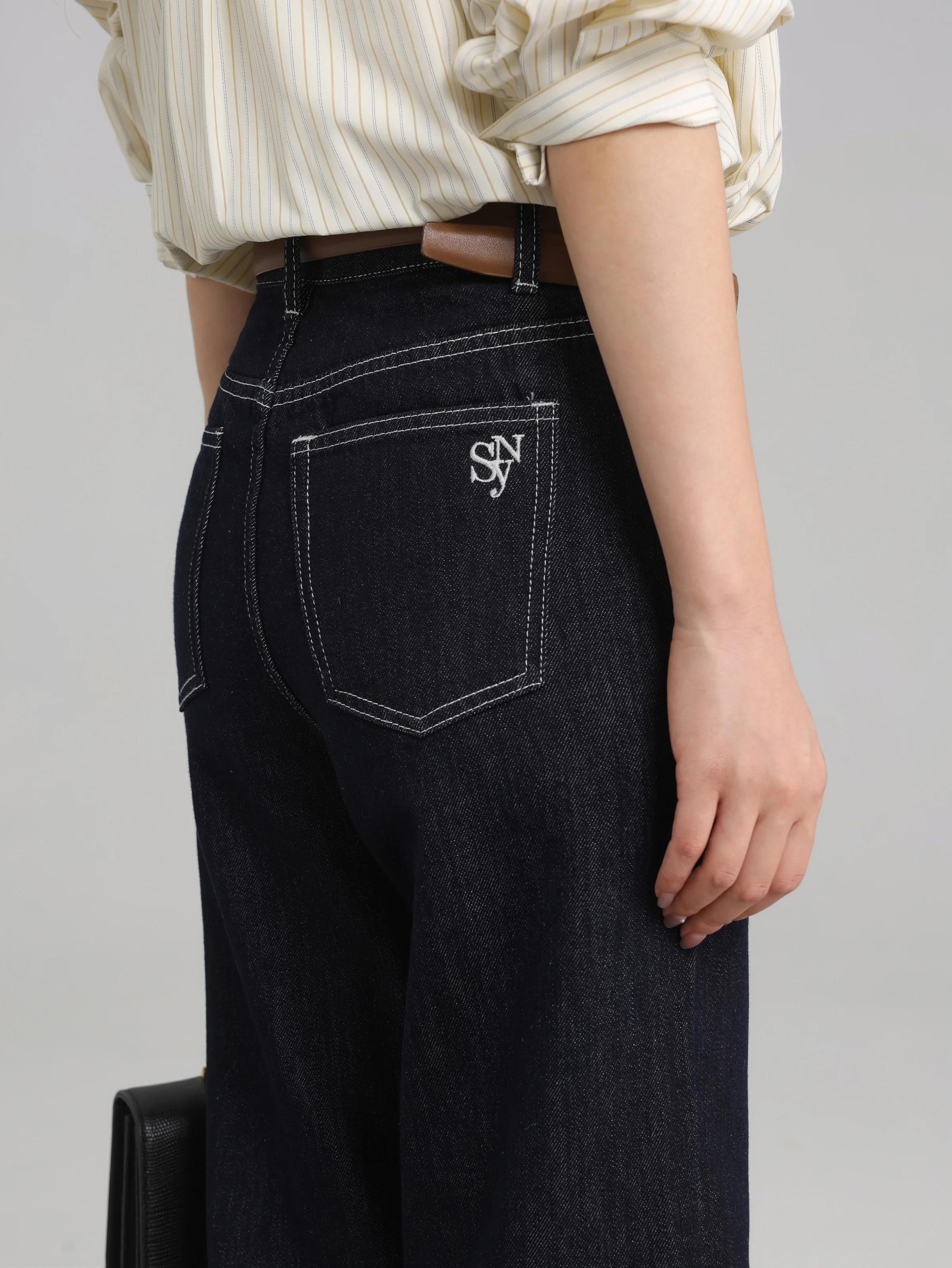 

High Waist Dark Blue Wide Leg Jeans Spring&Fall – Washed Straight Denim Trousers with Letter Embroidery, Casual Loose Fit Pants