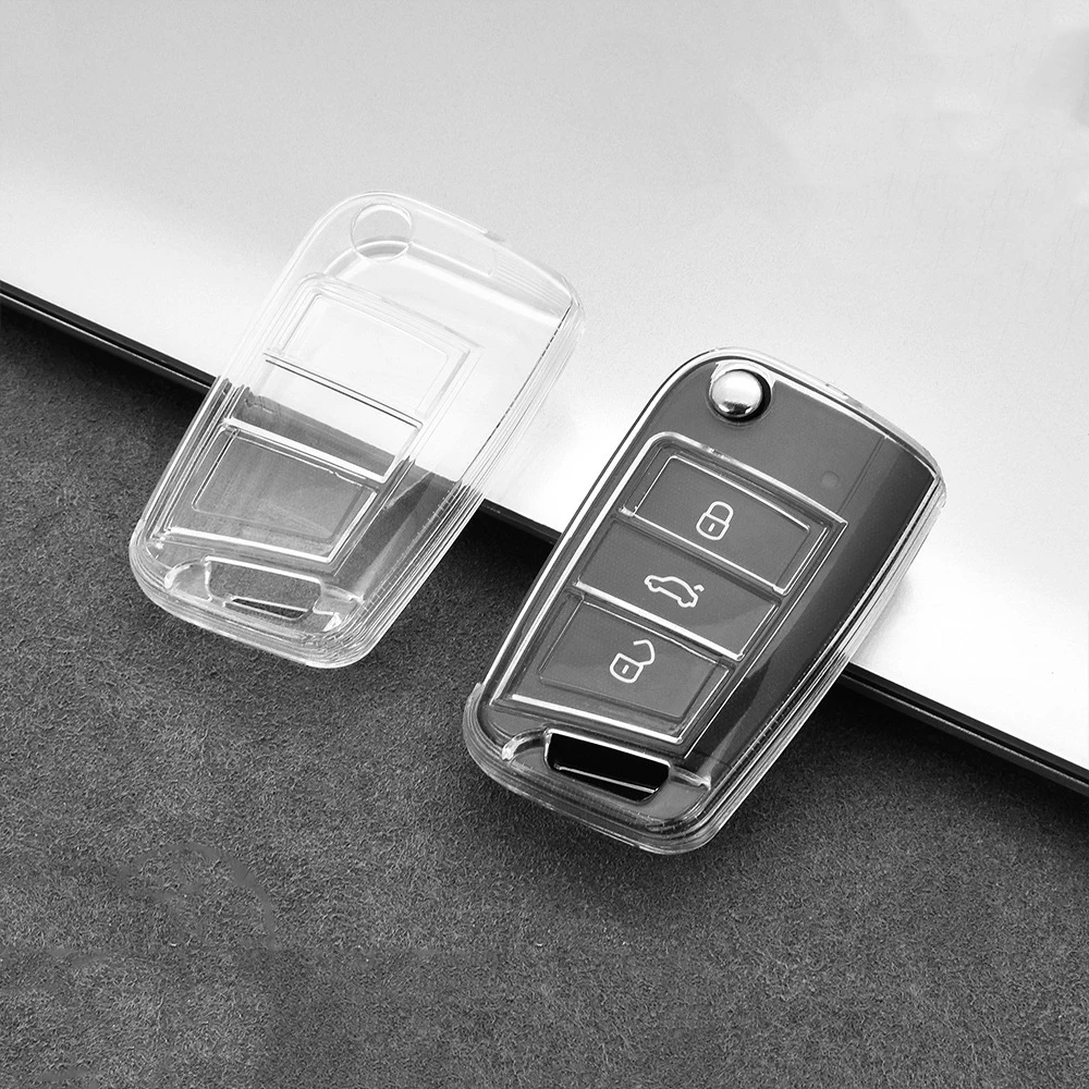 Transparent Car Key Case Cover for VW Volkswagen Golf 7 MK7 Tiguan MK2 T-roc T-cross Skoda Octavia Kodiaq Karoq Seat Ateca Leon