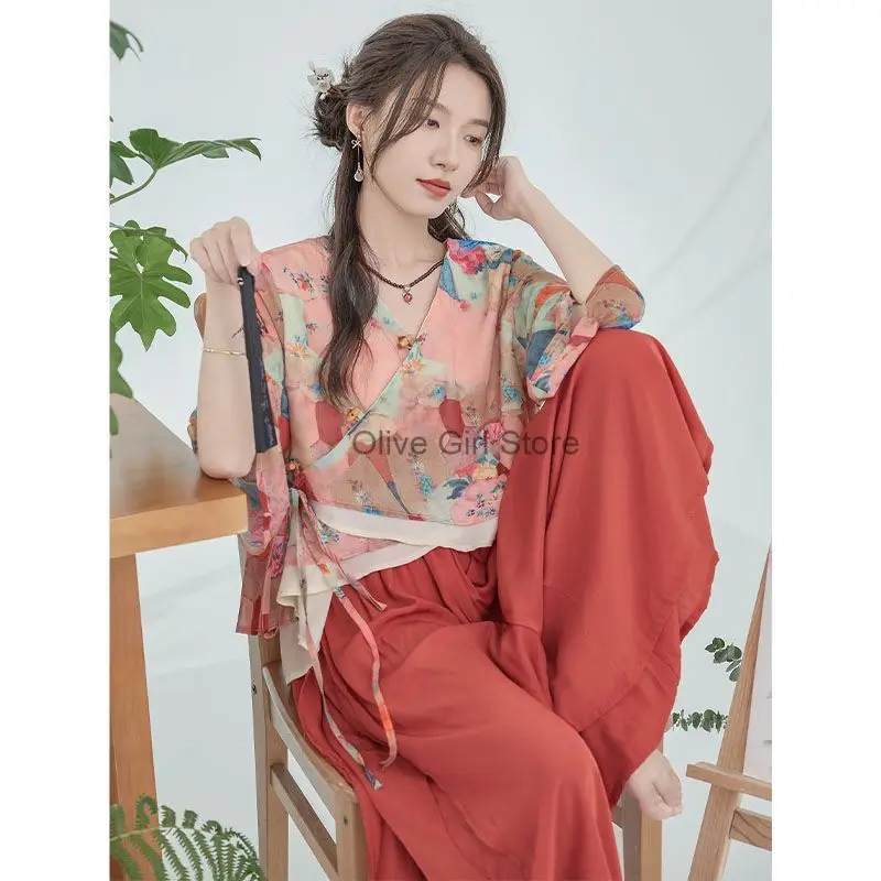 Summer Women's Pant Suit Color Blocking Top Light Thin High Waisted Casual Wide Leg Pants Artistic Chinese Traditional Clothing