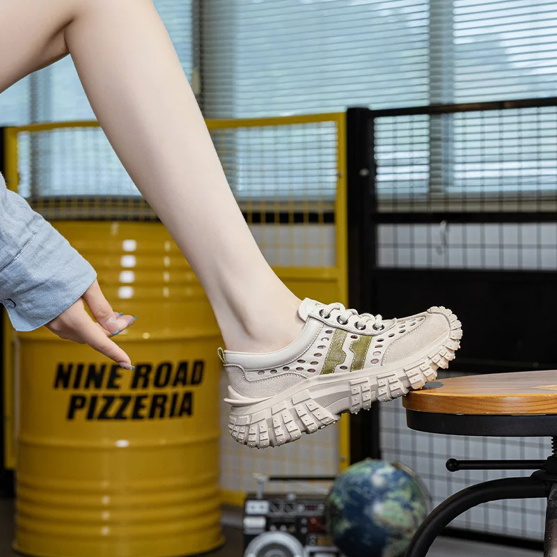 Zapatos de Mujer de Cuero Genuino, Zapatos Transpirables con Malla, Zapatillas Delgadas de Verano, Sandalias Casuales con Suela Gruesa, Zapatillas Mujer