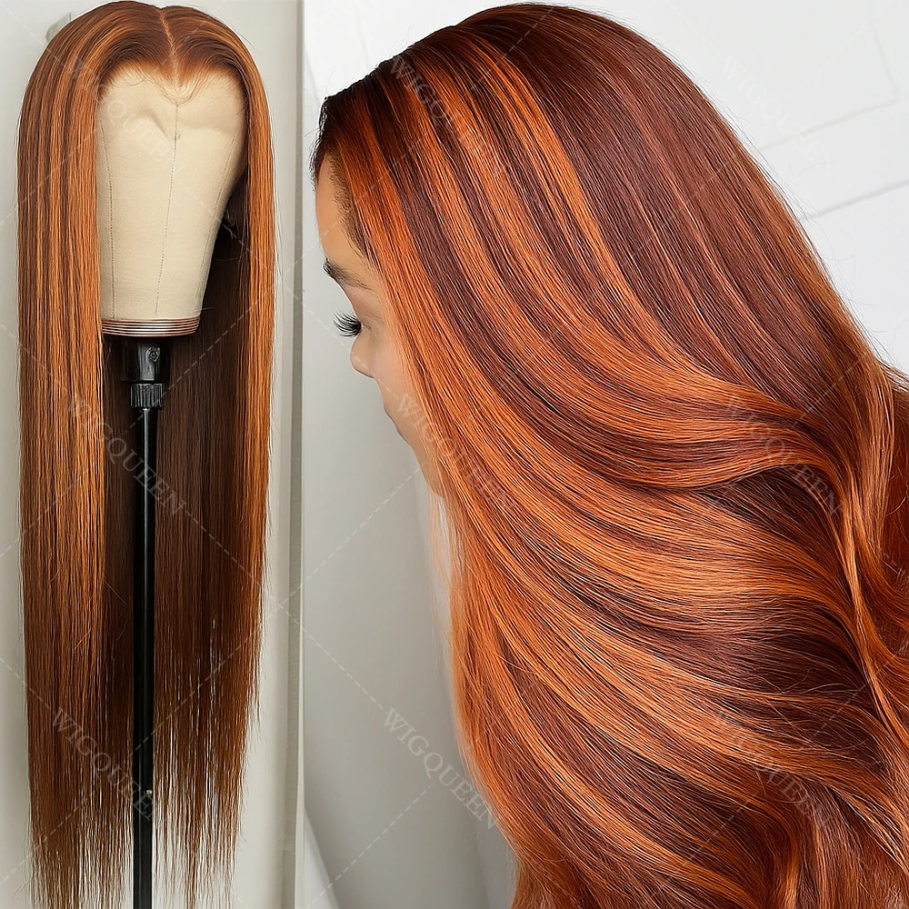 

Upgrade Easy to Install #4/350 Skunk Stripe Highlight 5x5 Lace Front Glueless Wig Human Hair Silky Straight Ginger Mix Brown Wig