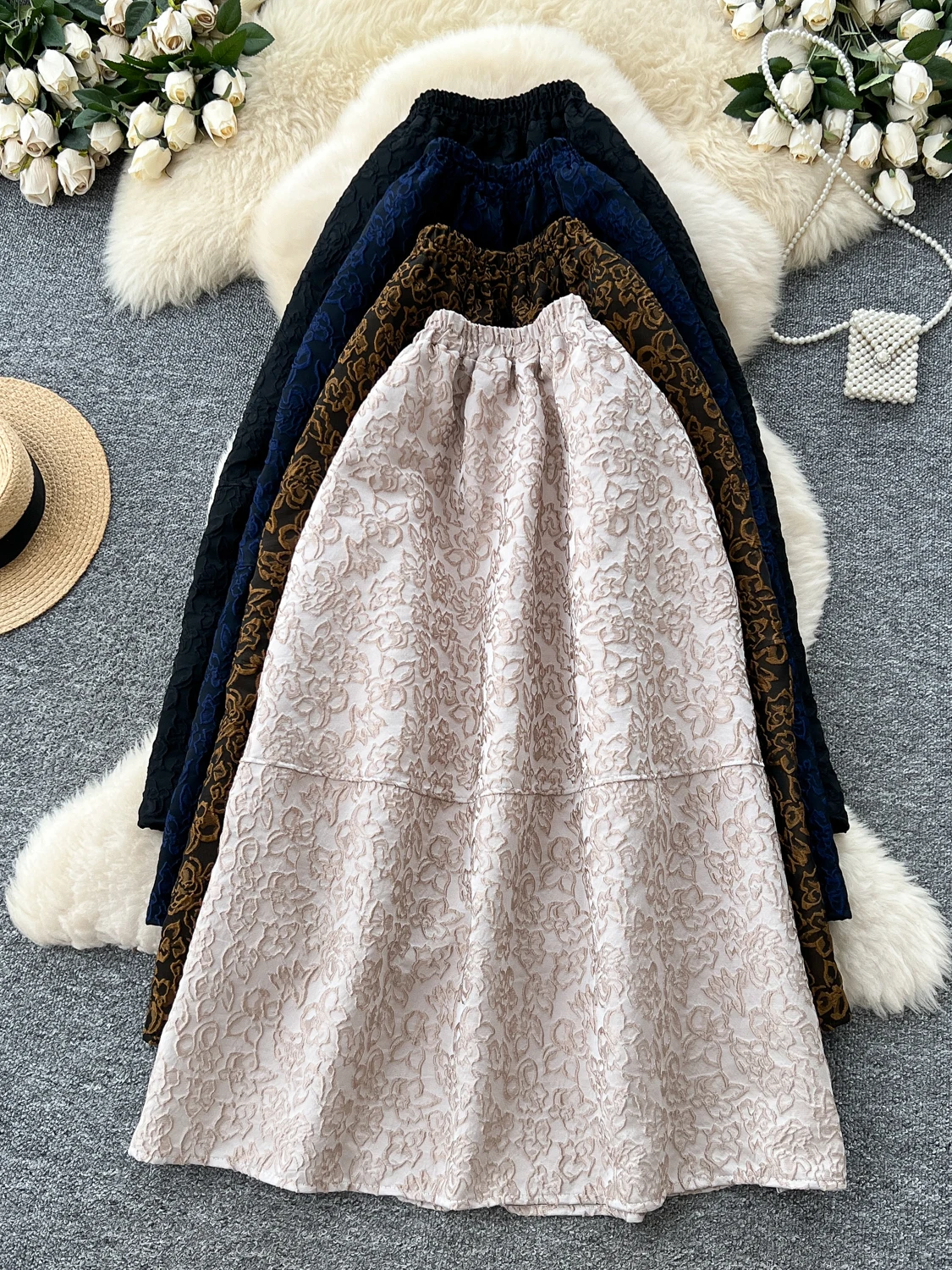 

French Retro Jacquard Textured Design Court-style Puffy Dress For Women Summer Luxury Elastic Waist Maxi Flared Umbrella Skirt